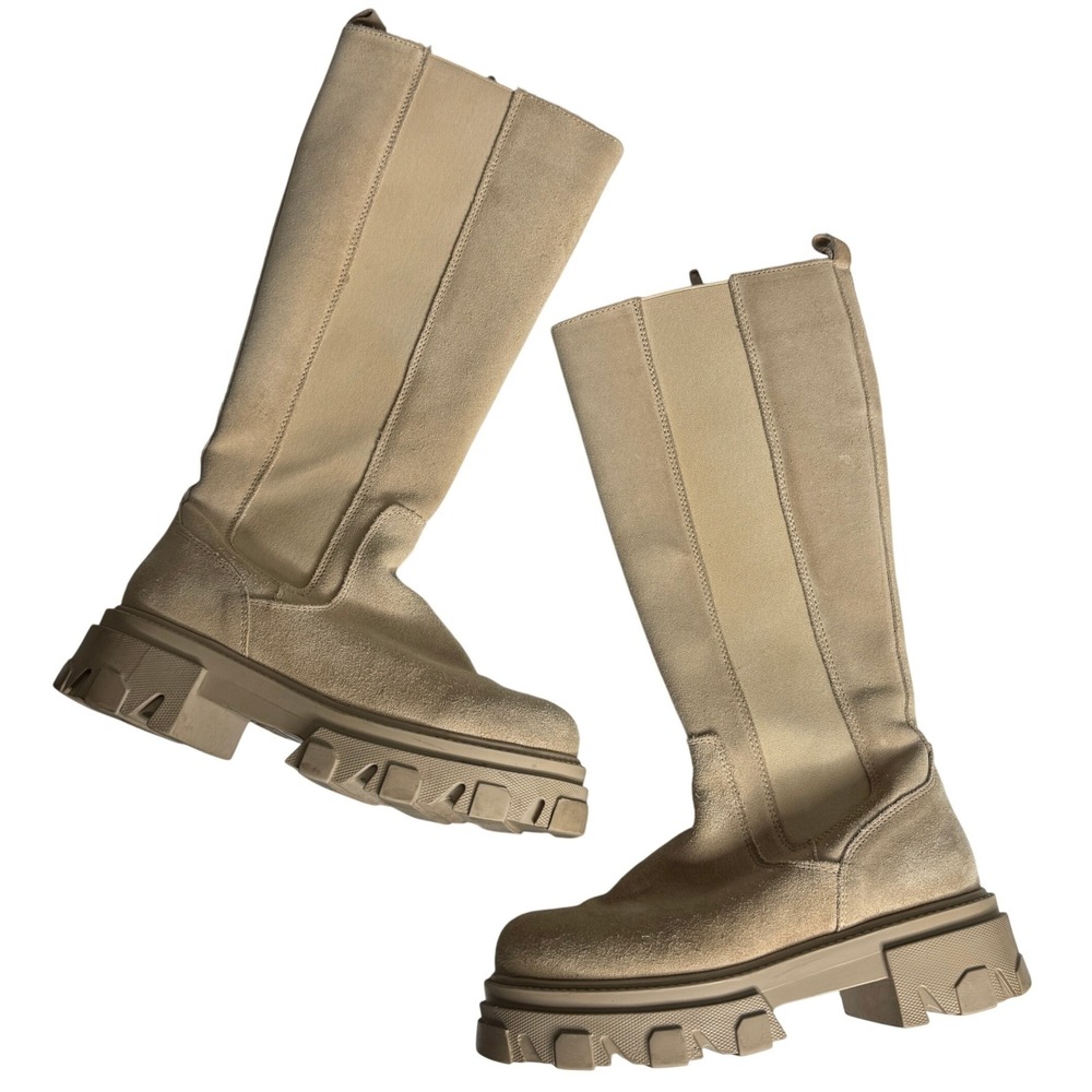 Steve Madden Esma Beige Suede Leather Chunky Lug Sole Tall Boots Womens 7.5